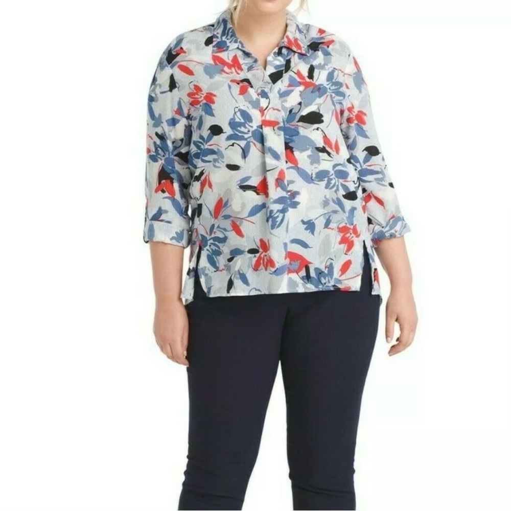 Jones New York Women’s Floral Pullover Blouse Size XL Red Blue Abstract Pattern